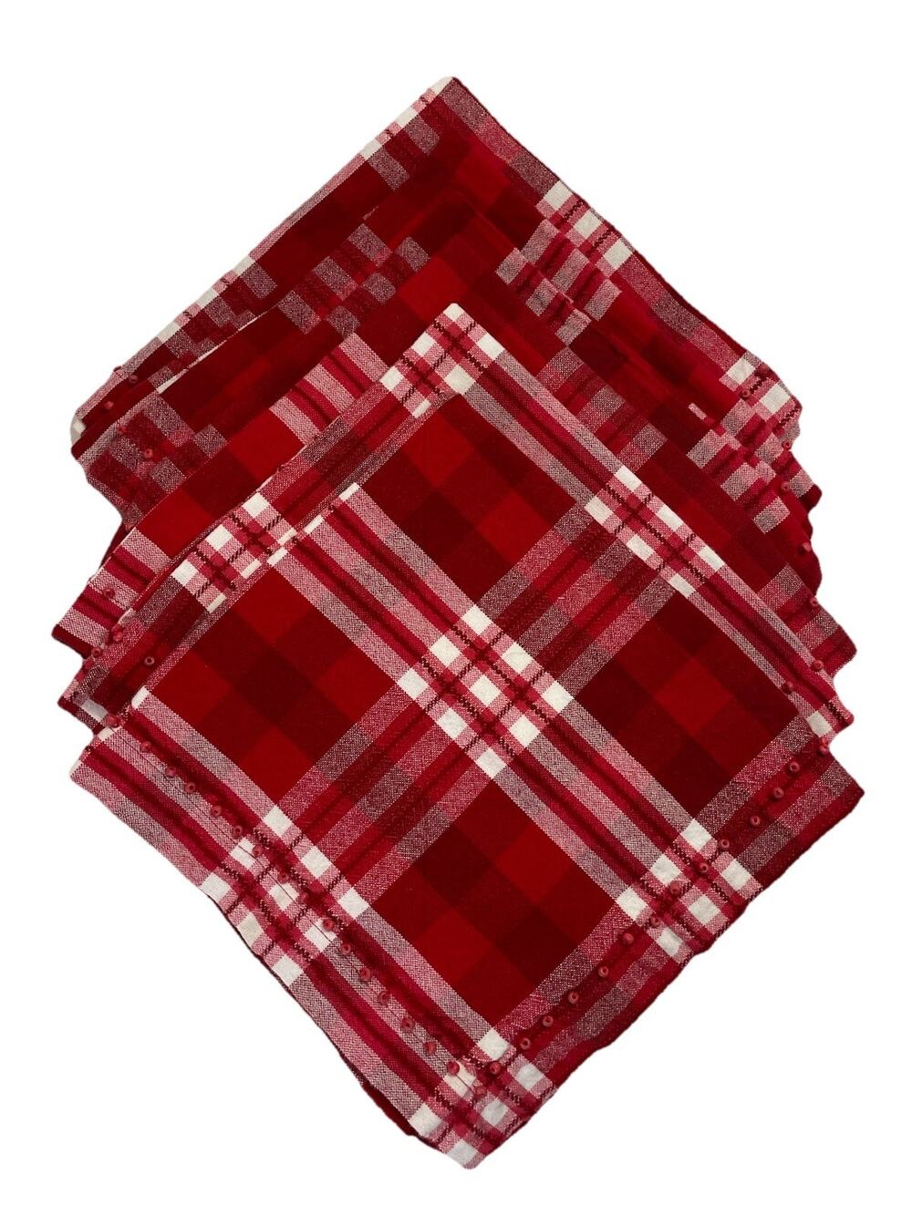 Sur La Table Red Plaid Beaded Cotton Napkins Set of 6 – 20” x 20” Made in India